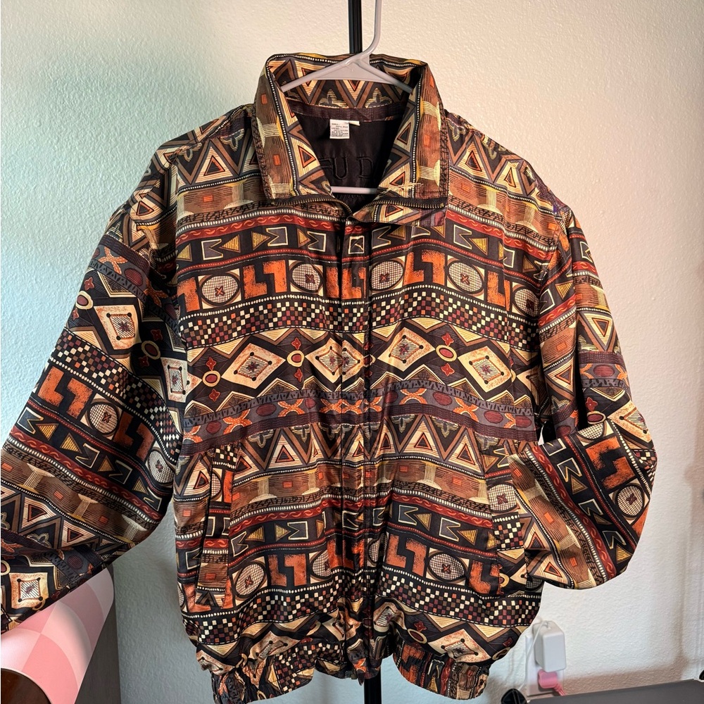 Vintage 80s Fu Da International  Geometric Pattern Bomber Jacket 100%silk